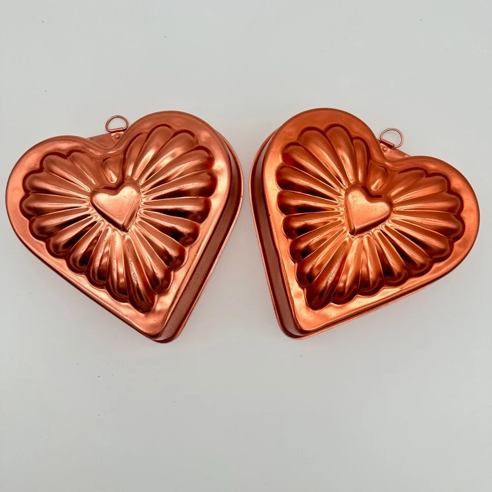 Vintage Copper Heart Jello Mold Set 2pc Sunburst Fluted Wall Hanging Decor